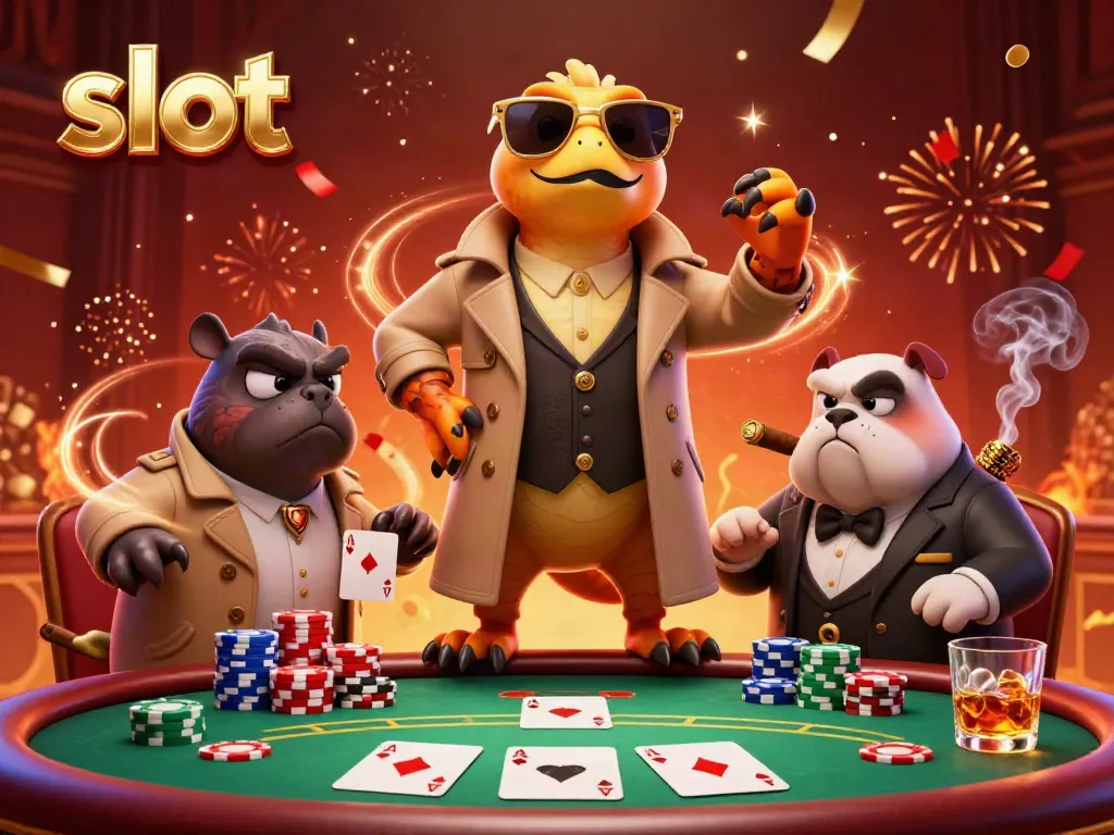 Engage with thrilling slot reels and charming illustrations of raptors disguised in a casino setting.