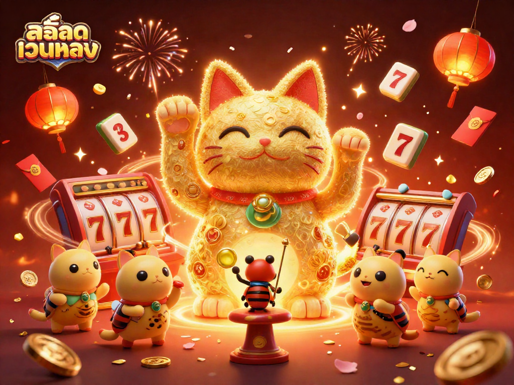 Experience the excitement of สล็อตเว็บตรง with vibrant casino symbols and festive elements in a rich 3D scene.