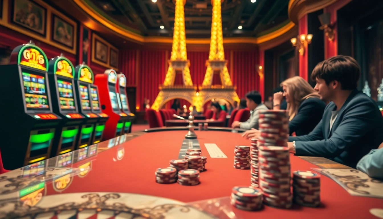 Vivez l'excitation du casino en ligne France avec des joueurs engagés à une table de poker luxueuse.