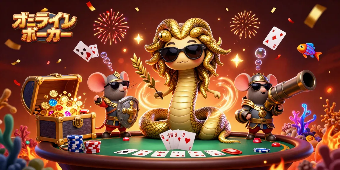 オンラインポーカーでの勝利を目指すキャラクターたちが華やかなポーカーテーブルを囲むシーン