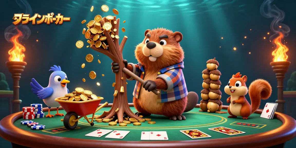 オンラインポーカーの世界に浸り、ポーカーテーブルでの勝負を楽しむキャラクターたちのイラスト