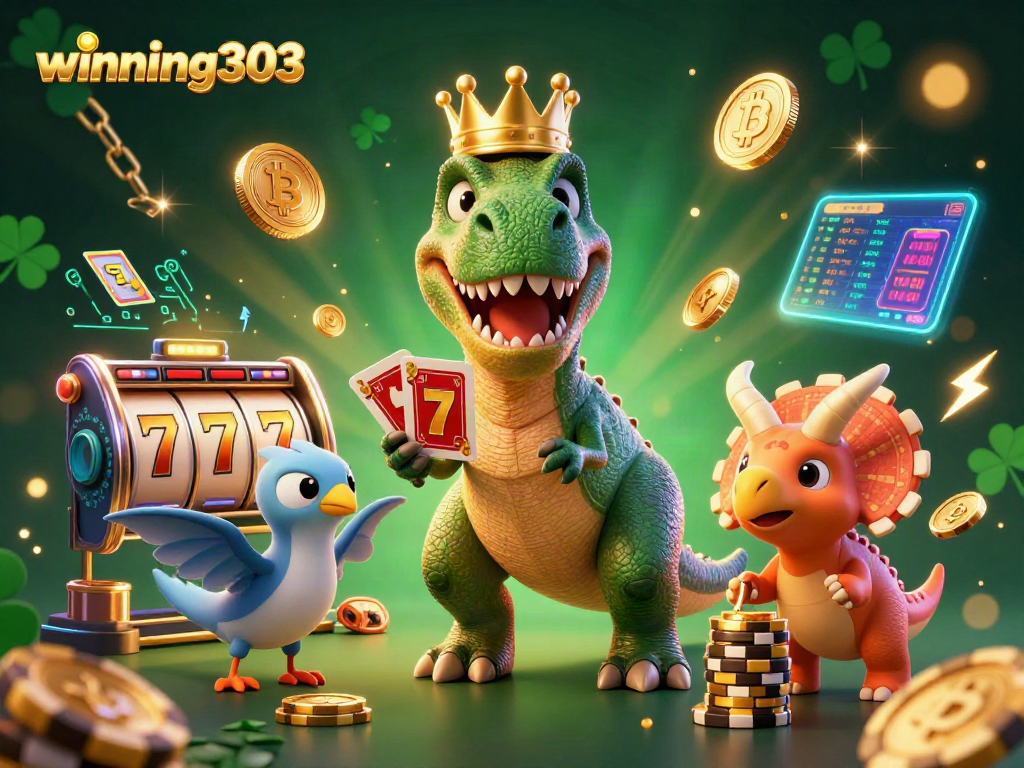 Winning303 brings fun with a T-Rex shuffling cards and chips stacking, creating excitement.