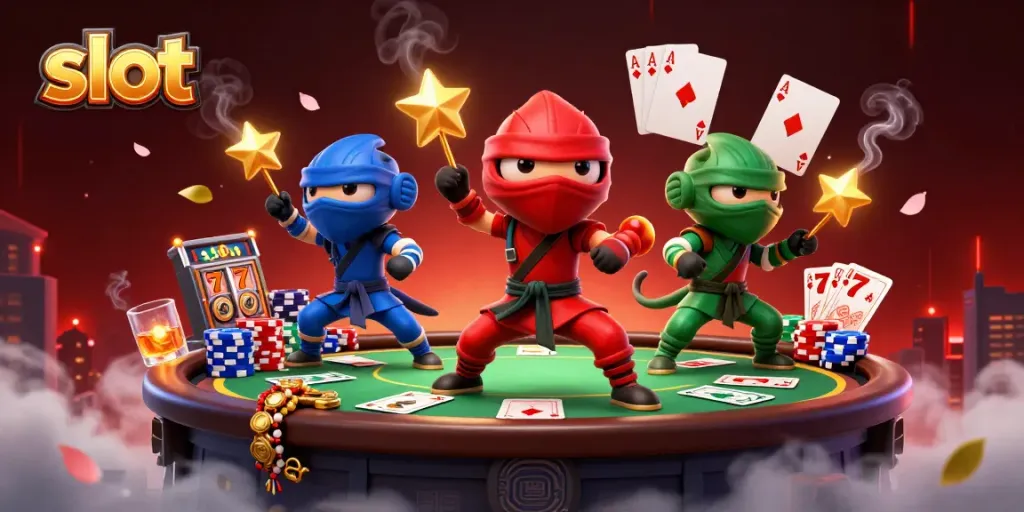 Tim ninja chameleon dan slot yang energik menggambarkan pergerakan aksi di kasino online.