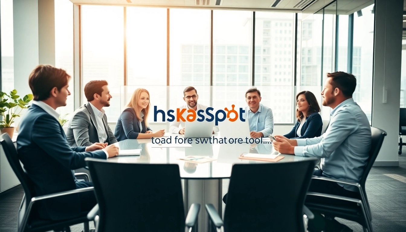 Utilizing HubSpot free tools, professionals collaborate effectively in a bright office environment.