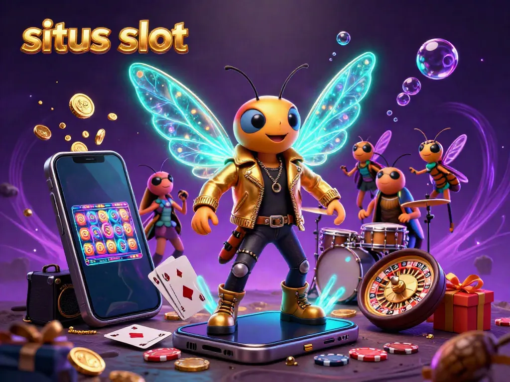 Gandakan kesenangan bermain situs slot dengan cicada rock star dan elemen permainan kasino di latar belakang yang bercahaya.
