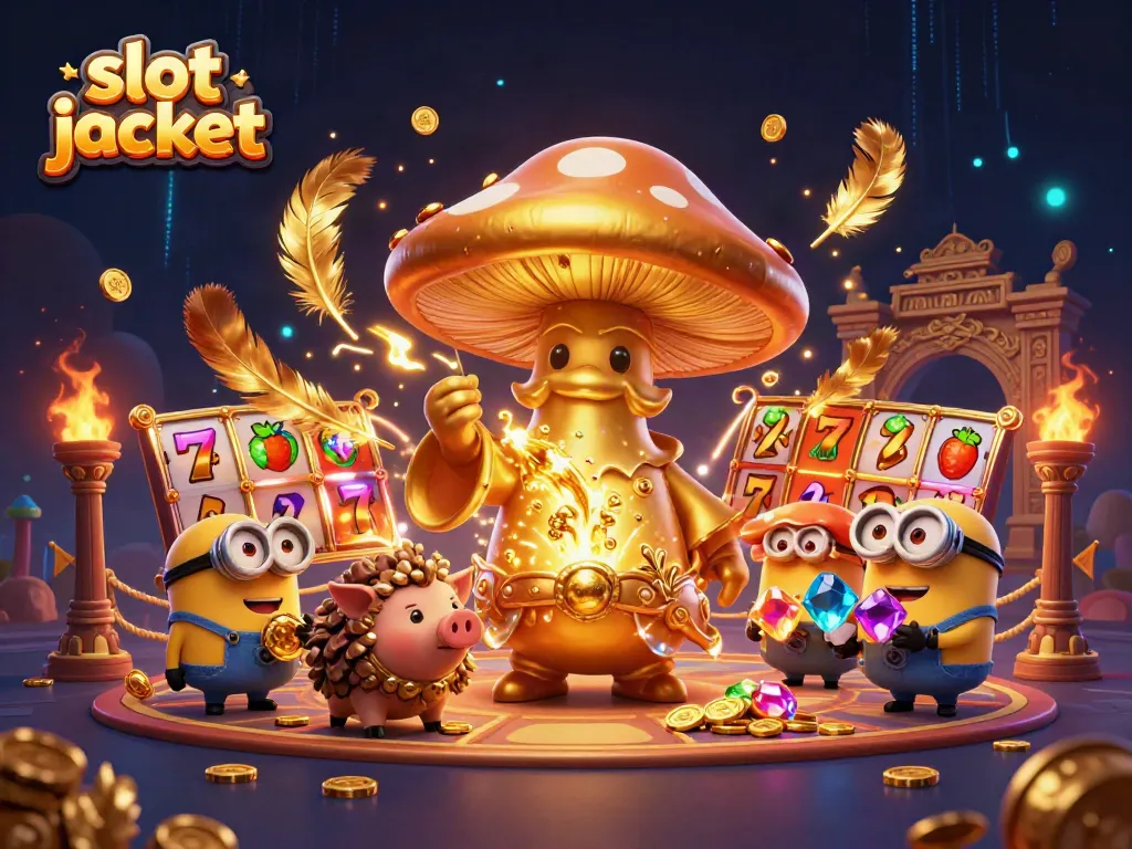 Menggenggam slot jackpot, ilustrasi 3D mendetail menampilkan penyihir jamur emas dan harta karun di tengah efek dramatis.