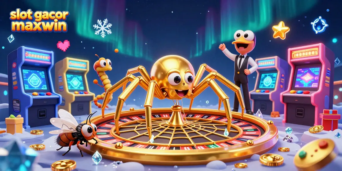 Bet on the slot gacor maxwin for big wins, featuring a golden spider and a centipede croupier in a vibrant casino scene.