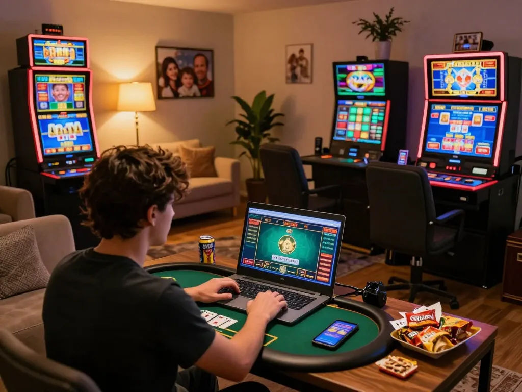 KJC player strategizing in a cozy home while enjoying online poker on a laptop.