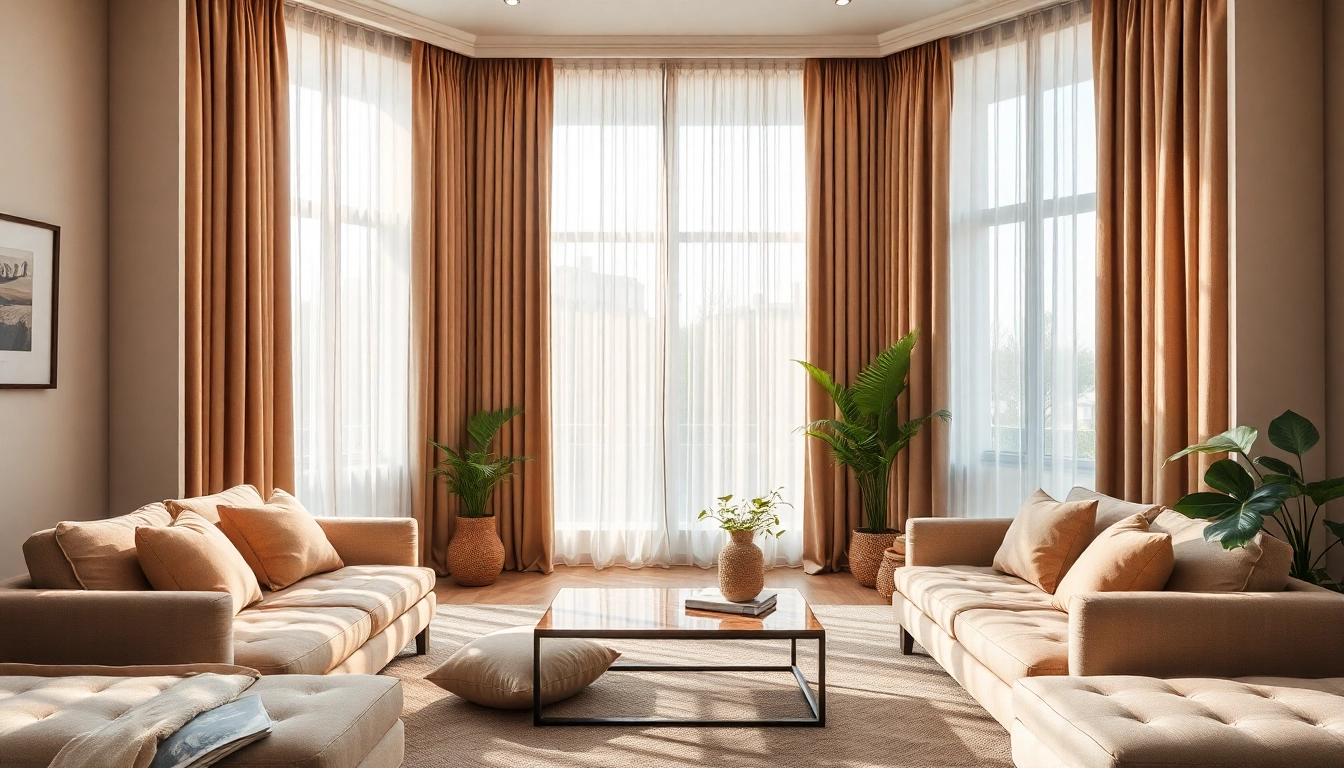 Gordijnstof kopen online in een stijlvolle woonkamer met luxe gordijnen en comfortabele meubels.