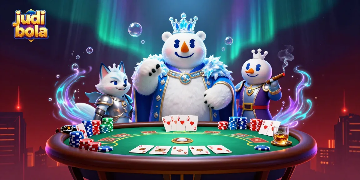 Engage in judi bola action with the ice king polar bear and snow fox at a poker table surrounded by vibrant gaming elements.