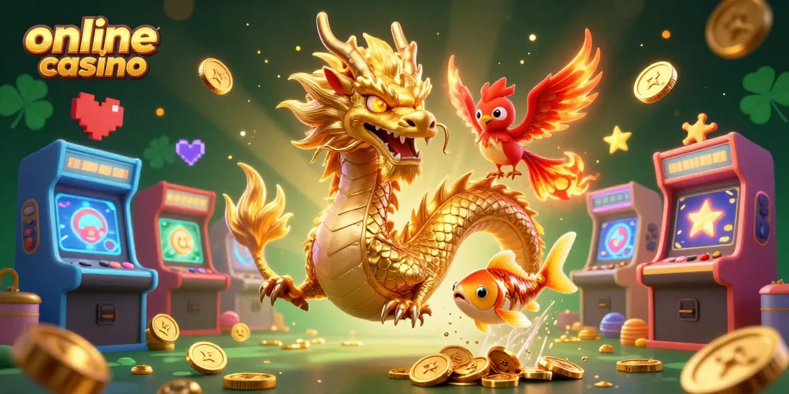 Experience the excitement of online casino gaming with a vibrant scene featuring a dragon, phoenix, and koi fish.