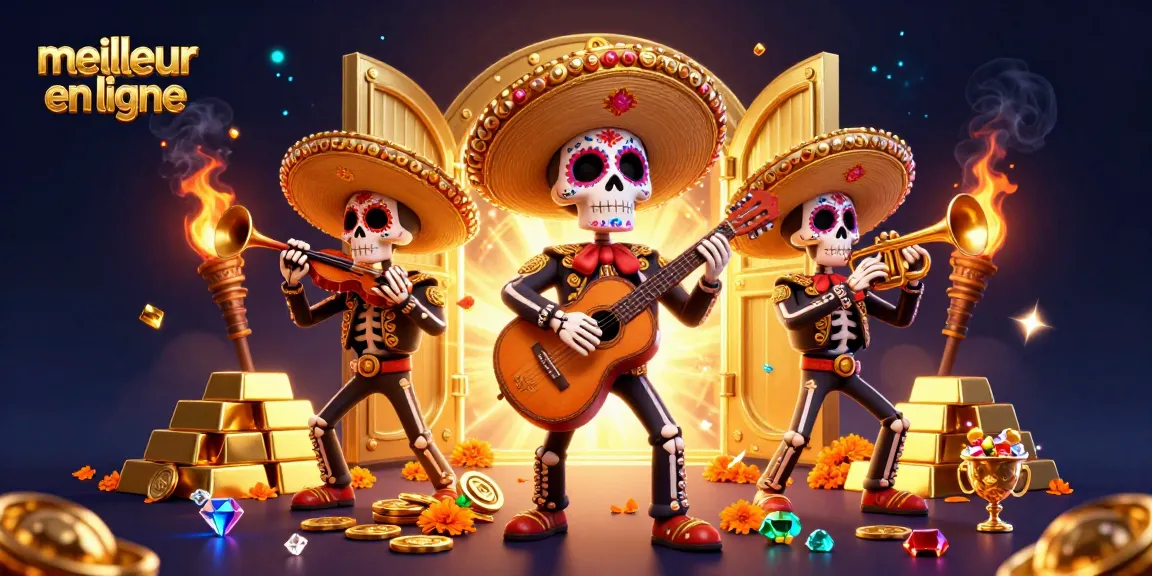 Visualisation dynamique du meilleur casino en ligne avec une bande mariachi squelettique et trésors scintillants.