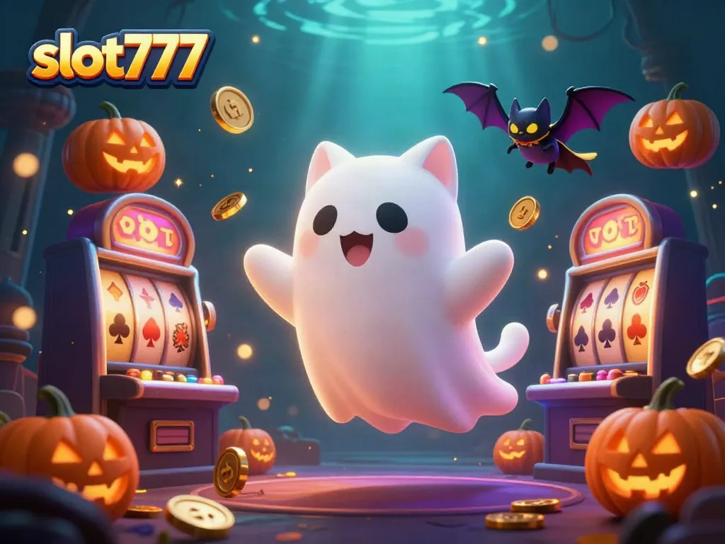 Slot777 menghadirkan suasana kasino yang menarik dengan kucing hantu dan simbol slot yang berkilau.