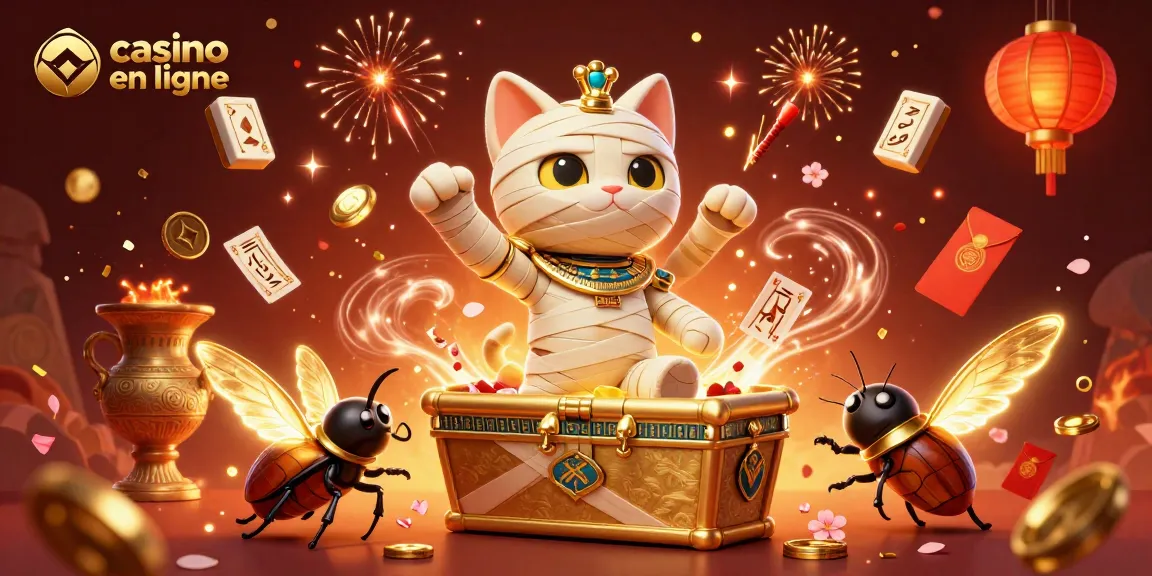 Plongez dans l'univers du casino en ligne avec ce chat égyptien et un scarabée doré.