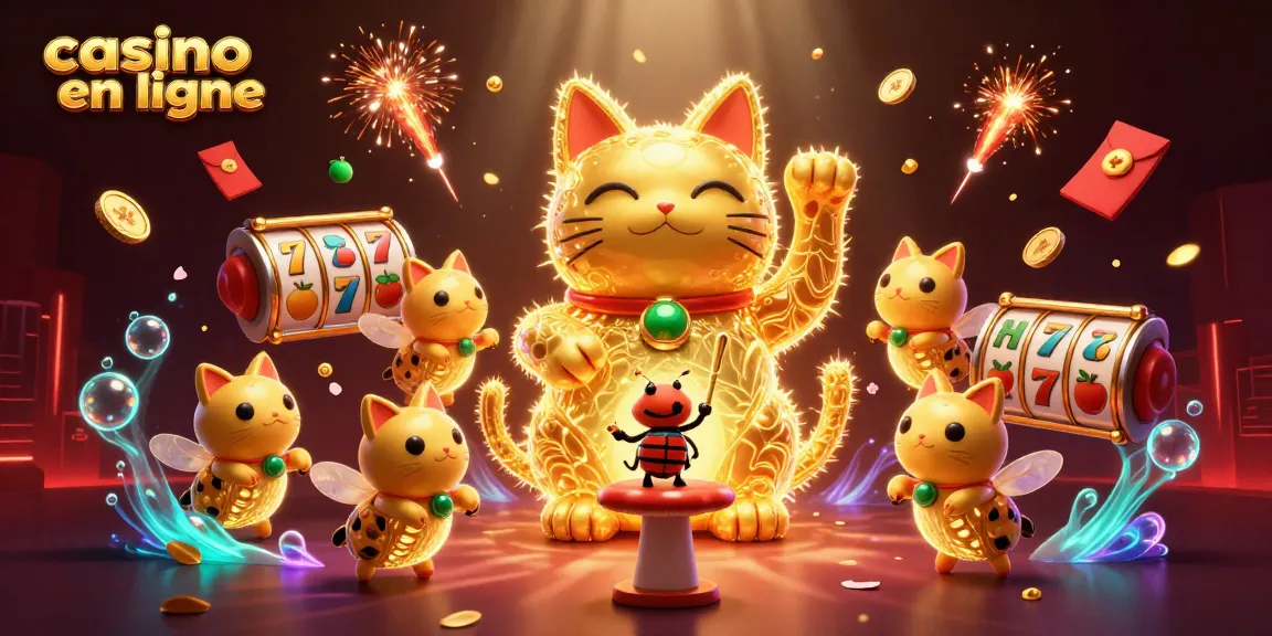 Jouez à casino en ligne avec une illustration captivante de symboles de jeu et un chat porte-bonheur.