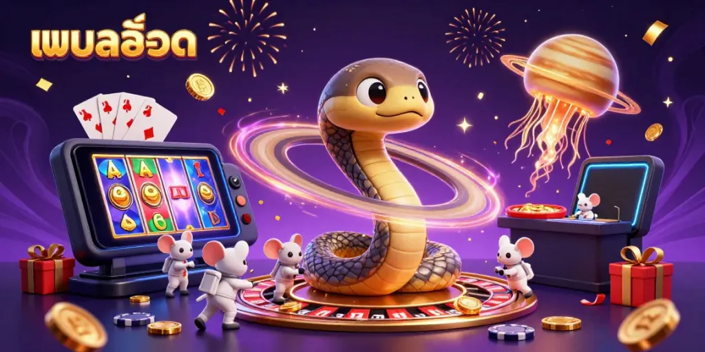Engage with แบบสล็อต in this vibrant 3D scene featuring cosmic gaming challenges and exciting slot elements.