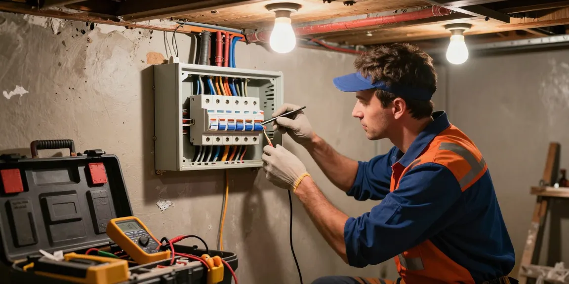 Emergency electrician near me troubleshooting a circuit breaker in a home basement.
