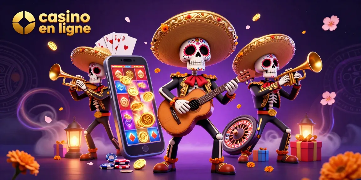 Jouer au casino en ligne avec une illustration de mariachi et jeux de hasard.