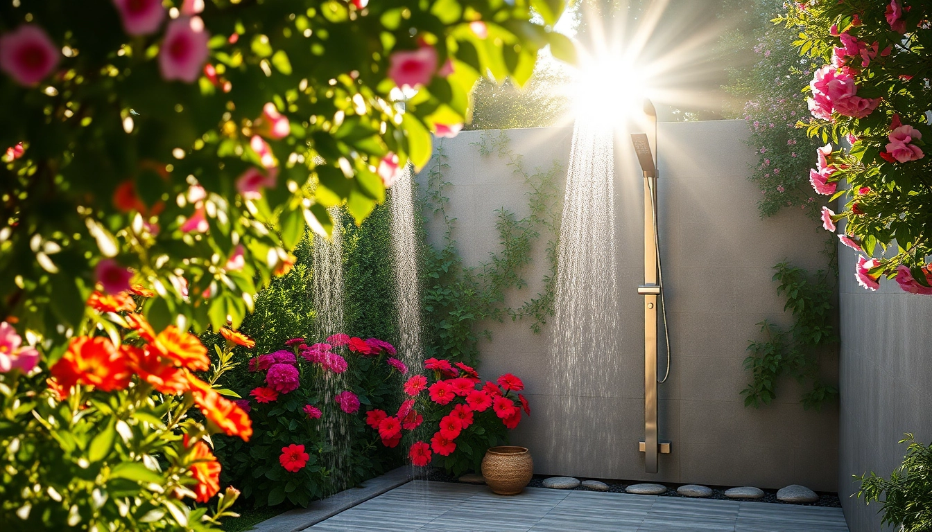 Outdoor sunny shower usa inc installation surrounded by vibrant gardens.