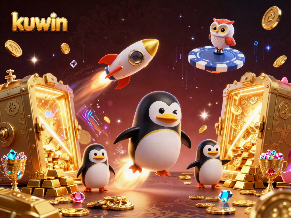 Kuwin showcases a golden penguin and a poker chip casino in a vibrant gambling scene, rich in detail.