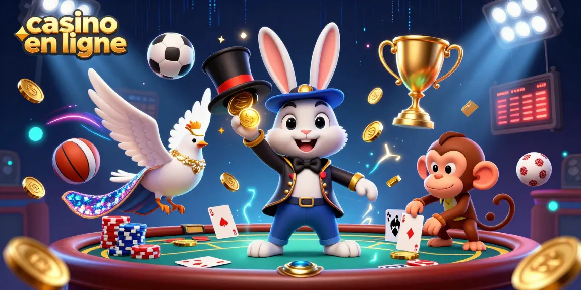 Illustration dynamique de casino en ligne avec un magicien, une colombe et un singe, jouant avec des jetons.