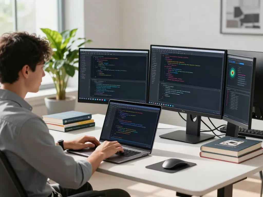 Developer coding in a modern workspace with brave浏览器 integration