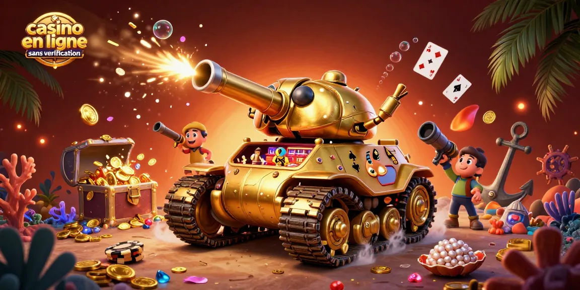 Illustration d'un casino en ligne sans vérification avec un tank scarabée doré en 3D, des éléments de jeu explosifs et des décorations sous-marines.