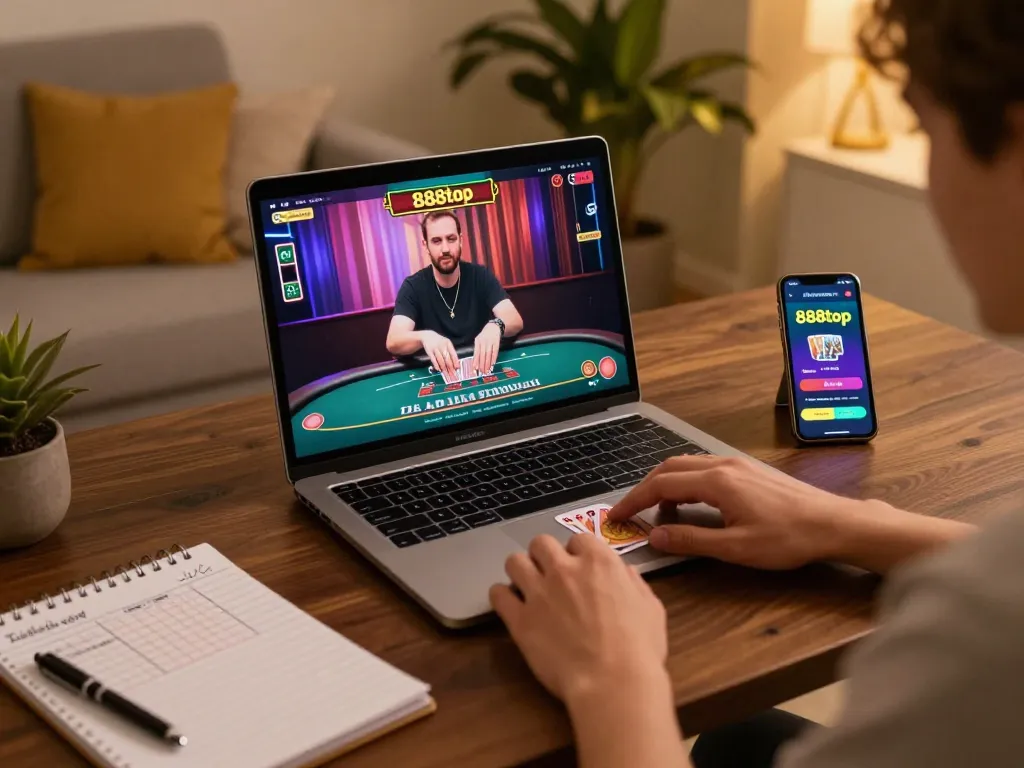 Player enjoying a live dealer game on 888top platform with strategic notes visible.