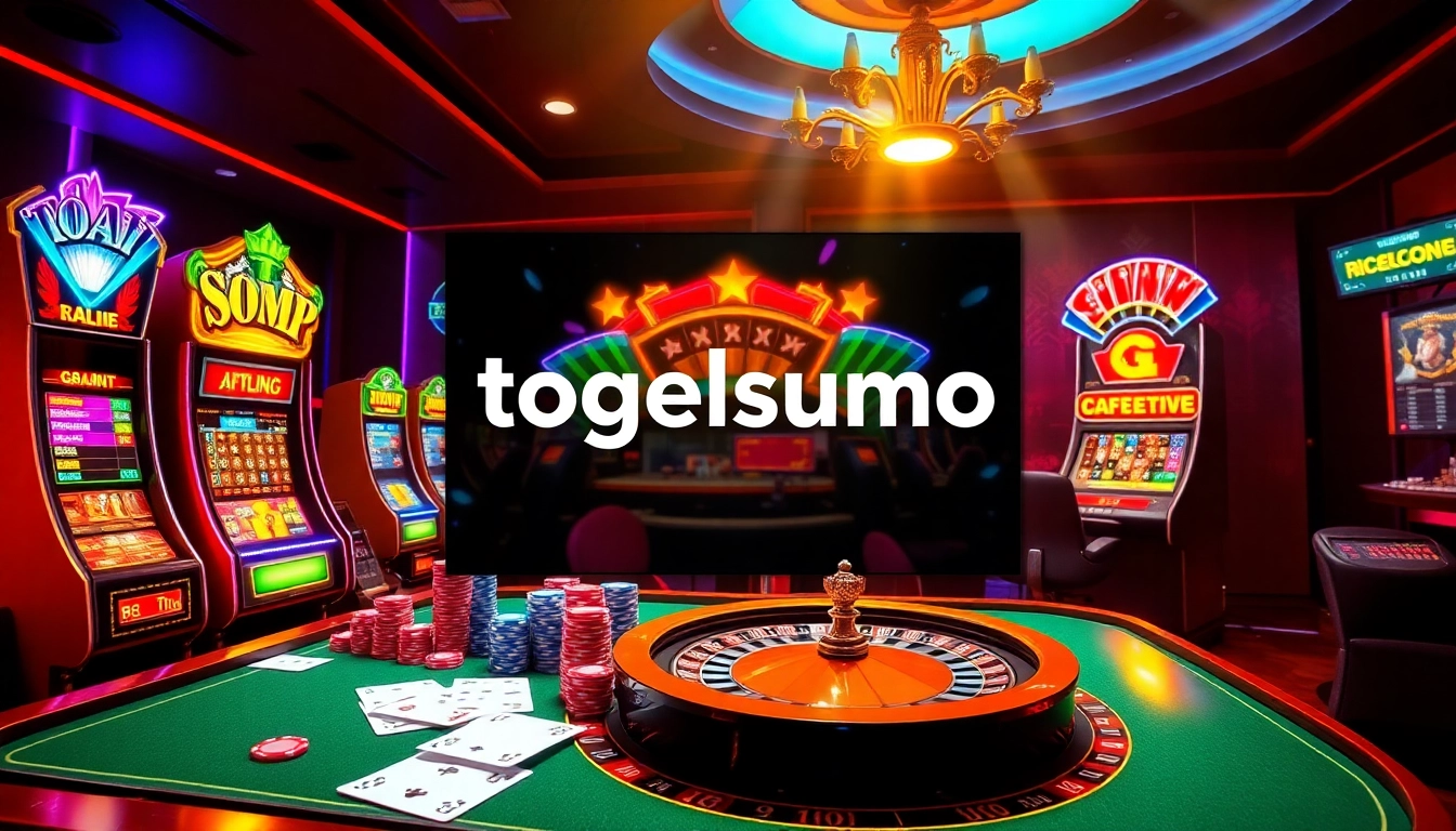 Antarmuka yang menarik dari platform perjudian online Togelsumo yang menampilkan mesin slot berwarna-warni dan elemen kasino yang hidup.