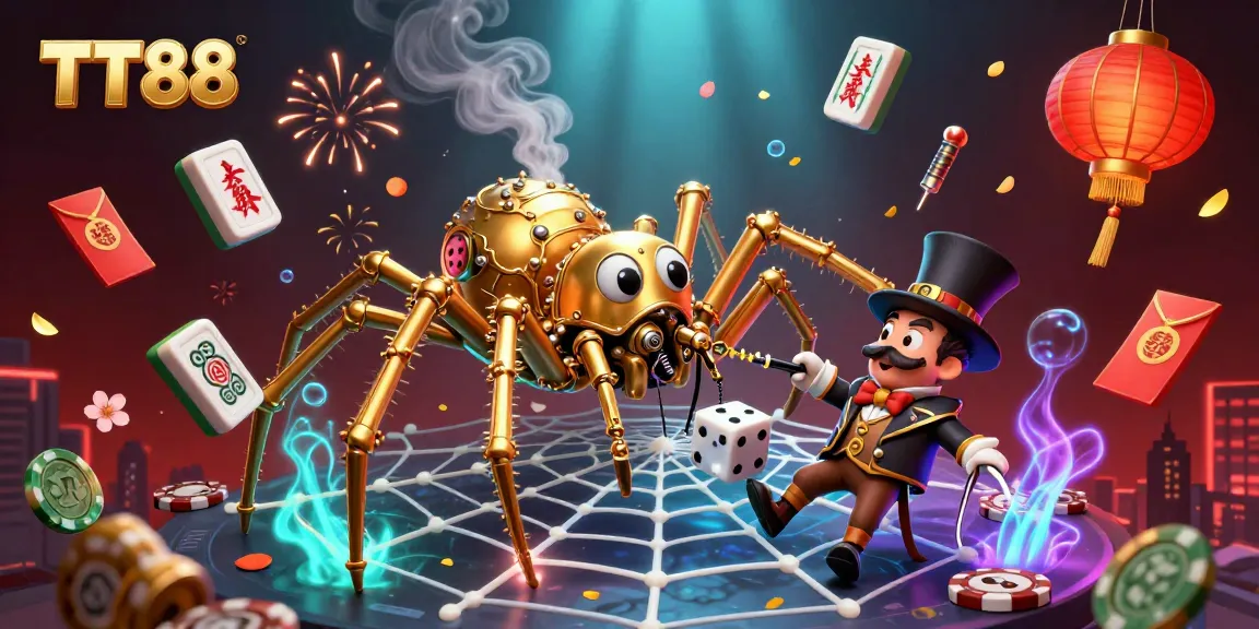 Engage with TT88's thrilling casino atmosphere, featuring a steampunk spider and fly gentleman in a dynamic 3D scene.