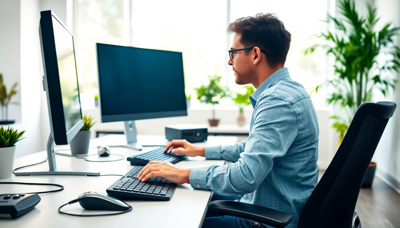 Engaged individual at a typing center practicing typing skills in a modern workspace.
