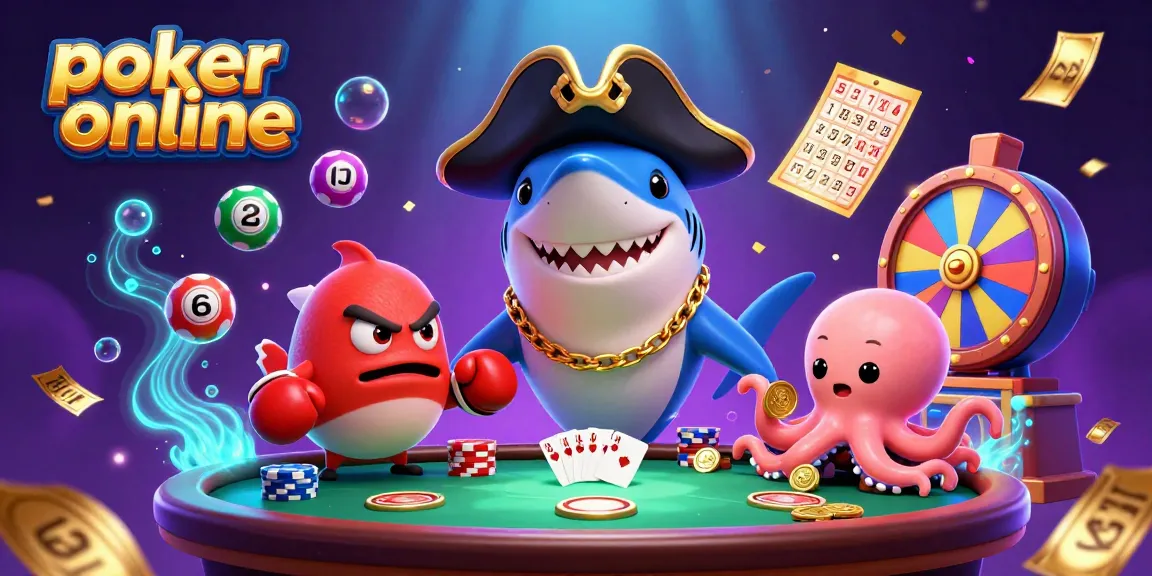 Poker online: gioca con il pesce puffer e il pirata mentre esplodono palline colorate e getti di denaro.