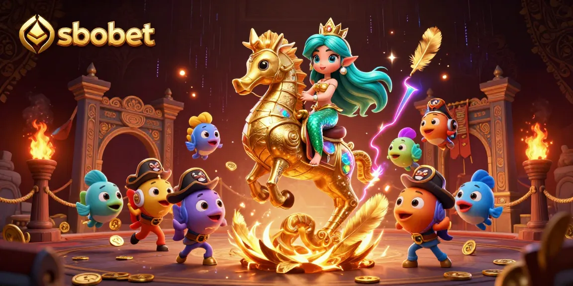 Experience sbobet action with a mermaid princess on a seahorse amidst vibrant gambling elements.