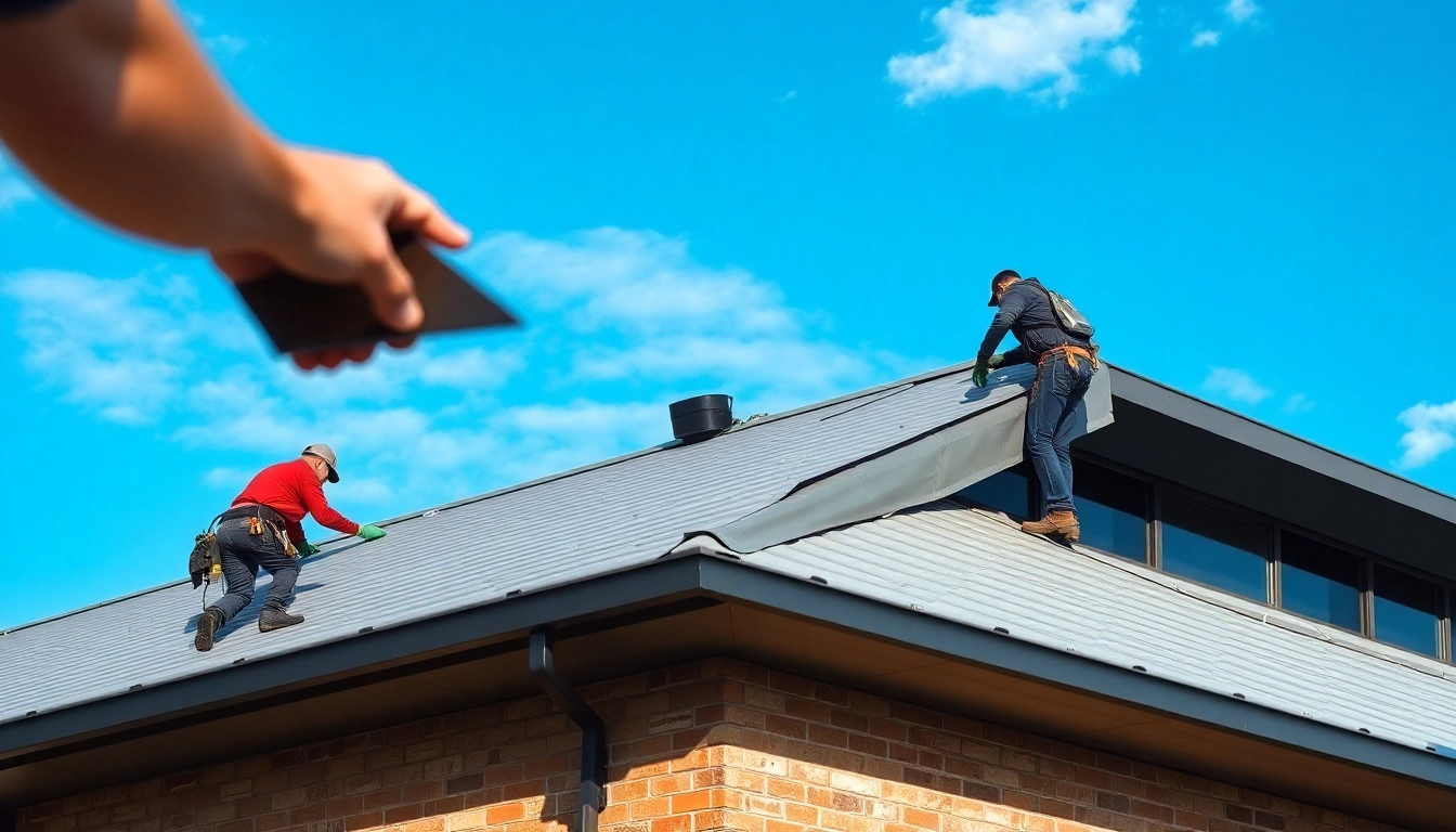 Providing professional commercial roofing services with skilled workers on a modern building installation.