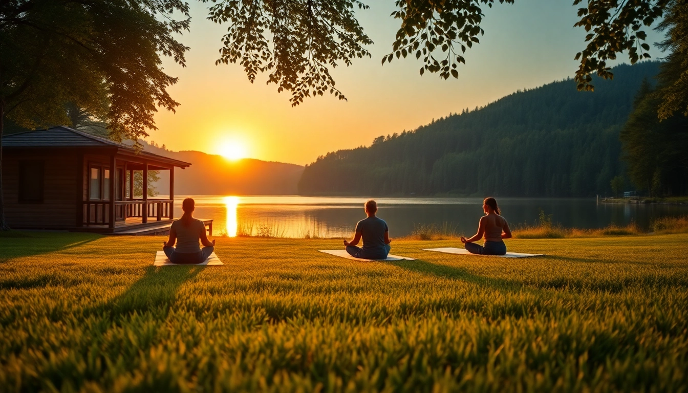 Experience a tranquil wellness retreat with yoga practices by a picturesque lake.