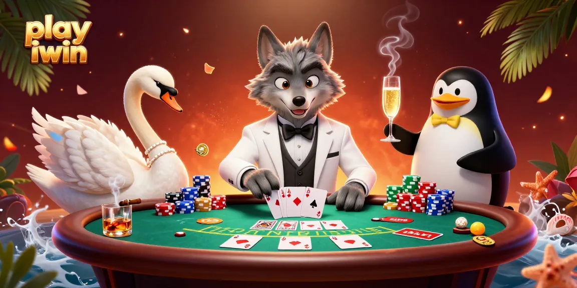 Play iwin and win big at this vibrant casino scene with characters engaging at a baccarat table.