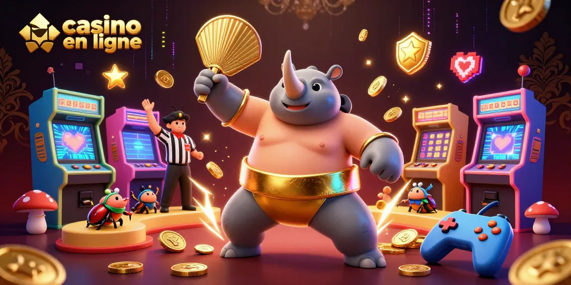 Des personnages de casino en ligne participent à un tournoi dynamique autour de machines à sous colorées.