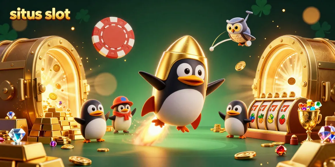 Experience winning moments at situs slot with a golden penguin racing towards a vibrant casino.