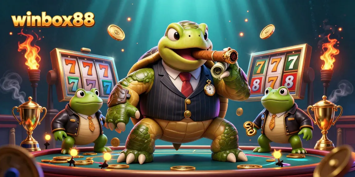 Winbox88 showcases a dynamic and vibrant casino scene featuring a cartoon turtle in a vintage suit.
