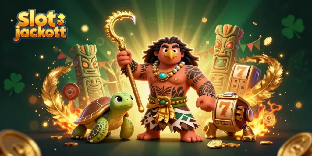 Engage with exciting slot jackpot action in a vibrant casino scene featuring a demigod and turtle.