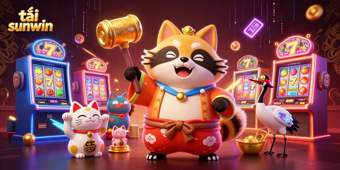 Tải sunwin, play exciting slot games with a cheerful tanuki, crane, and fortune cats illustration.