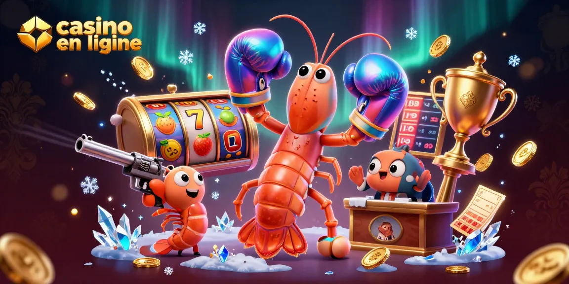 Illustration animée des personnages de casino en ligne, avec des éléments de jeu colorés autour.
