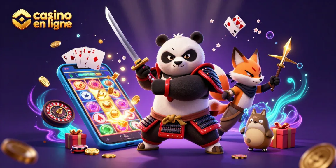 Jouer au casino en ligne avec ce panda samouraï et son compagnon, entourés de jeux de casino.