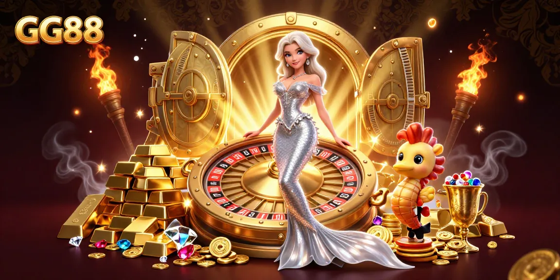 GG88 captures excitement with a dazzling roulette wheel and treasures in this vibrant casino scene.