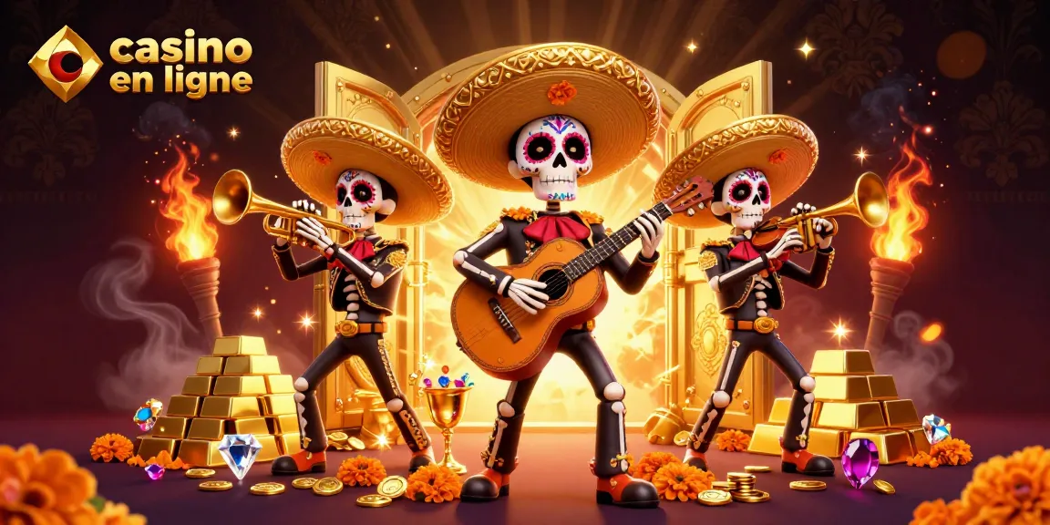 Vivez l'expérience casino en ligne avec une illustration de mariachi squelettique entouré de trésors éclatants.
