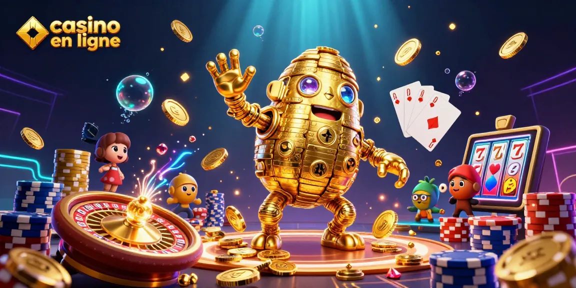 Le golem doré de casino en ligne, entouré de pièces et d'éléments de jeu éblouissants.