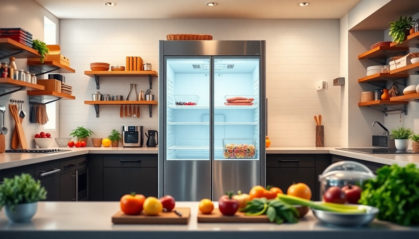 Organized kitchen with a modern Freezer and fresh ingredients on display.