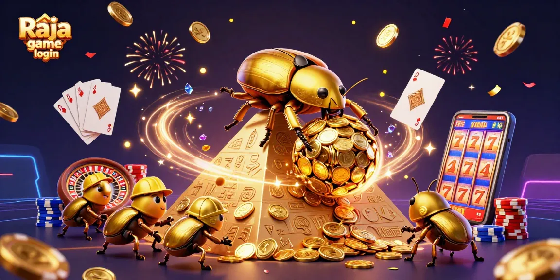 Experience Raja game login with a vibrant 3D casino scene featuring golden beetles and exciting game elements.