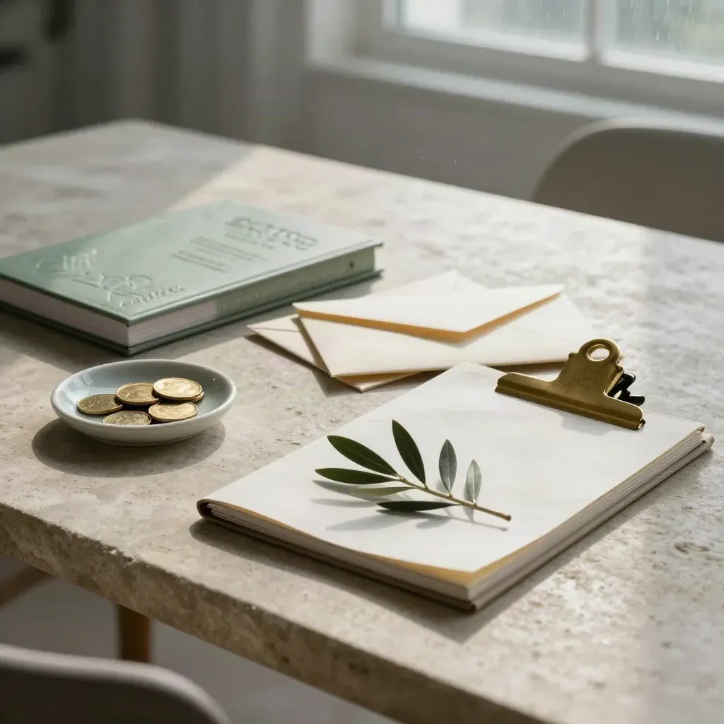 Ivory wealth-planning kit on pale stone table with misty morning light and open booklet