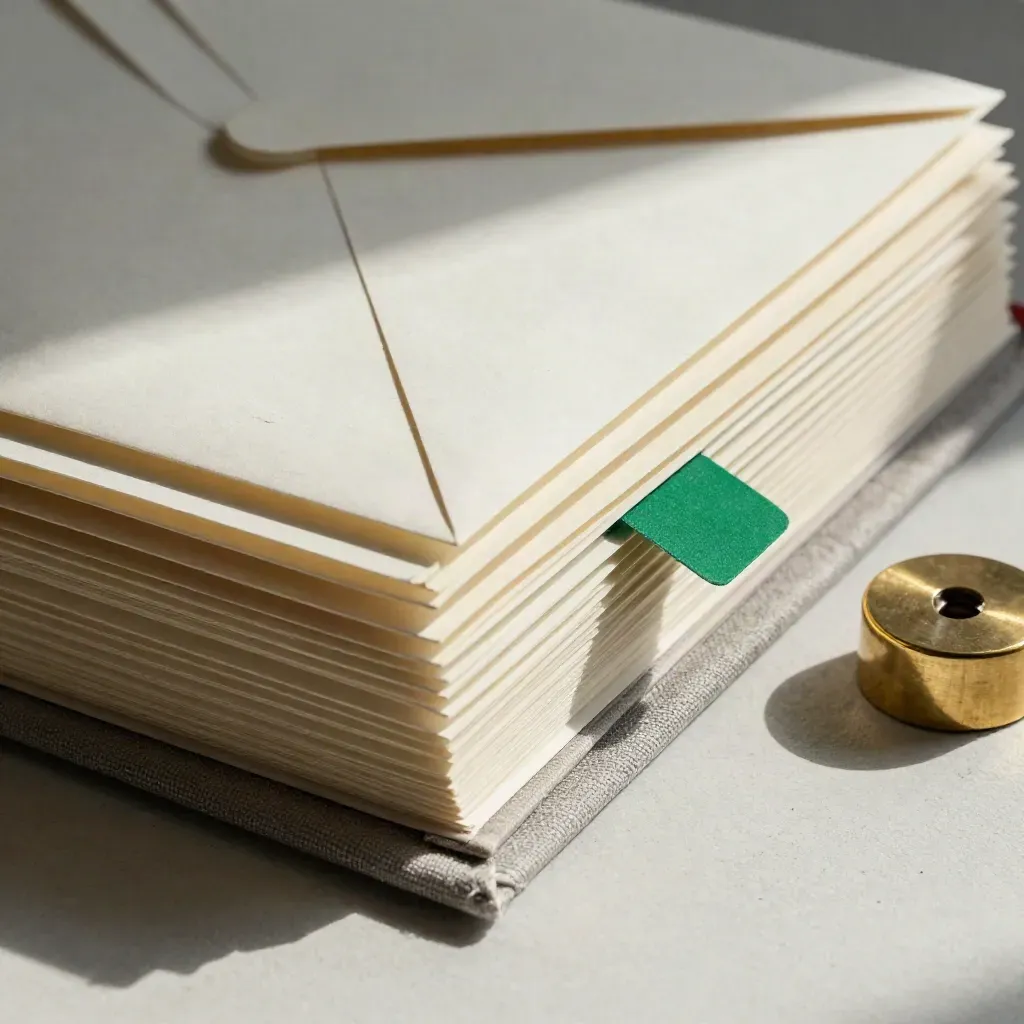 Overhead macro of envelope folders, brass weight, tabs and notebook on pale plaster.